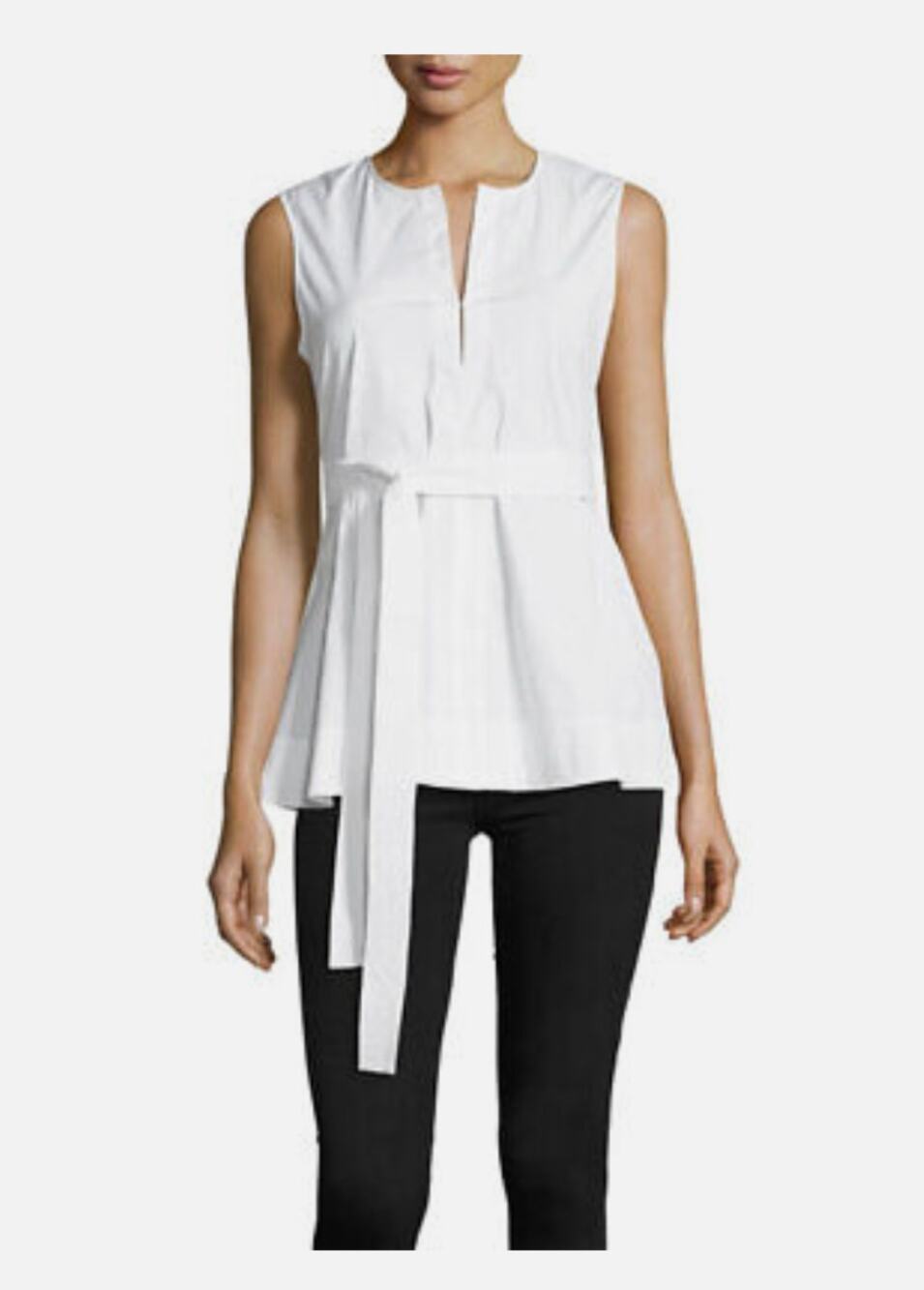 NWT Theory White Desza Stretch Cotton Sleeveless Belted Peplum Top Size Large